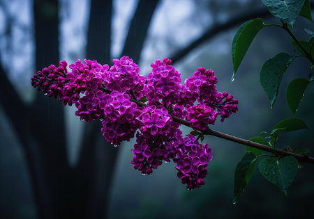 Close up of vibrant magenta lilac blossoms on a branch, adorned with glistening raindrops, set against a dark, moody background, evoking freshness and spring.の素材