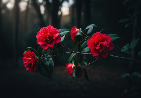 Rich velvety deep red camellia blossoms unfurling on a branch, captured in a dramatic chiaroscuro style. dark, moody atmosphere with lush green leaves, symbolizing beauty, romance, and nature.の素材
