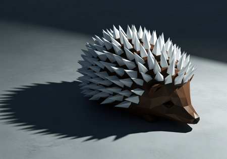 Geometric low poly hedgehog featuring sharp white spikes and a brown body, resting on a gray surface with a prominent shadow. modern digital art concept.の素材