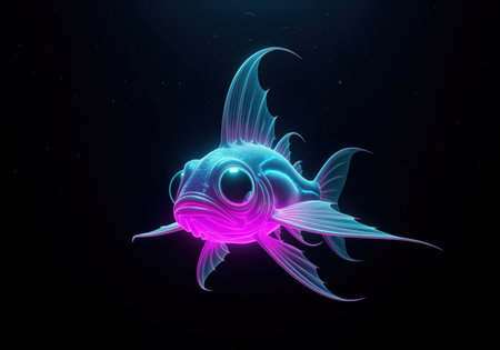 Stylized deep sea fish glowing with vibrant neon magenta and cyan bioluminescence against a dark, mysterious background. features large eyes and intricate fins, evoking an otherworldly aquatic life.の素材