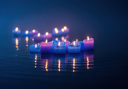 Blue and purple floating candles illuminate the dark water surface with their warm flames, creating a serene and mystical atmosphere. perfect for themes of peace, meditation, and spiritual tranquility.の素材