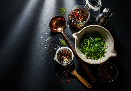 Fresh microgreens in a ceramic bowl, colorful mixed peppercorns in glass jars, and copper kitchen tools on a dark slate surface. gourmet cooking and healthy food preparation.の素材