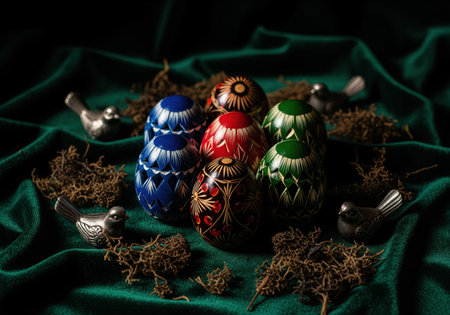 Intricately carved easter eggs in blue, red, green, and black, alongside metallic bird figurines, displayed on a luxurious emerald velvet cloth with dried moss, creating a moody holiday scene.の素材