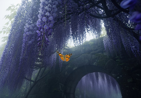 A vibrant orange butterfly flutters gracefully amidst cascades of purple wisteria blossoms, with an old stone archway visible in the misty, enchanting garden setting.の素材