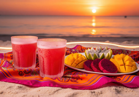 Two glasses of refreshing red drink and a plate of sliced mango, red dragon fruit, and white dragon fruit on a colorful fabric on a sandy beach during a golden sunset. ideal for summer vacation and relaxation concepts.の素材