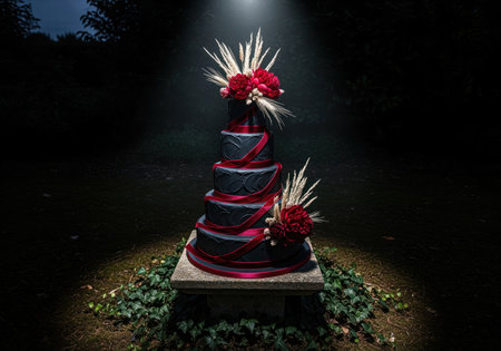 Four tiered dark cake adorned with red ribbons, deep red flowers, and dried grass, dramatically lit outdoors at night.の素材