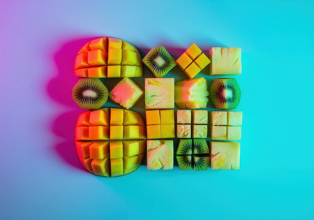 Geometric cubes of fresh mango, pineapple, and kiwi are artfully arranged on a vibrant blue and pink gradient background. a colorful and healthy tropical fruit composition.の素材