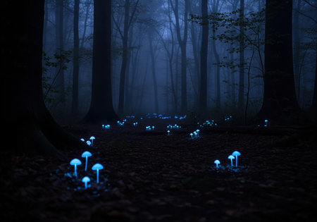 Bioluminescent fungi with a vibrant blue glow illuminate the dark, mysterious forest floor. foggy atmosphere and tall trees create an eerie, magical scene at night.の素材