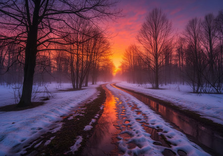 Winding slushy path through a forest during a vibrant sunset. melting snow, bare trees, and colorful sky reflecting in puddles create a transitional winter to spring scene.の素材