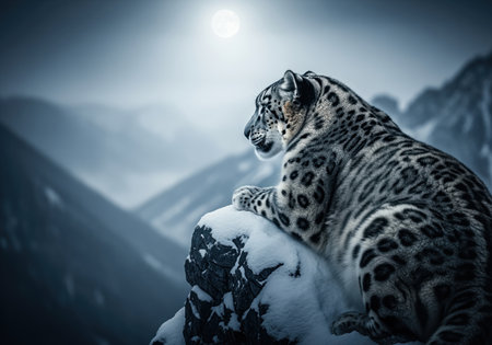 Snow leopard resting on a snow covered mountain peak, observing the vast, cold landscape under the ethereal light of a full moon. winter wildlife in its natural habitat.の素材