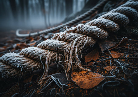 Frayed hemp rope covered in white frost lies on dark soil with vibrant rust colored autumn leaves. a cold, misty forest background. represents resilience, nature, and winter.の素材