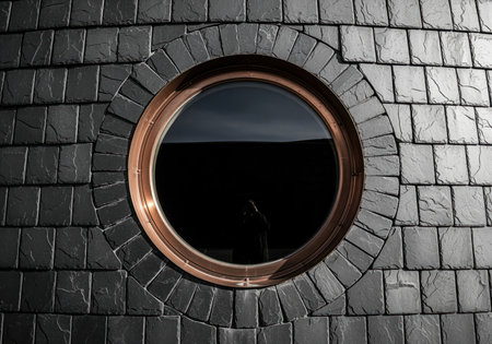 Modern circular porthole window with a gleaming copper frame embedded in a textured dark slate tile wall. architectural detail showcasing contemporary design and natural materials.の素材