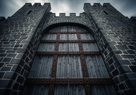 Imposing medieval castle gate featuring dark weathered wooden doors reinforced with metal studs, flanked by sturdy stone walls, under a dramatic cloudy sky. represents strength, history, and defense.の素材