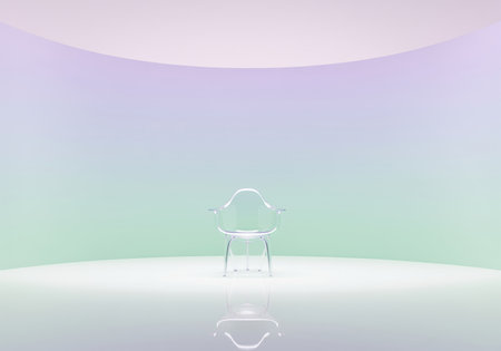 Transparent acrylic chair stands centrally in a modern, minimalist studio with a seamless curved wall featuring a pastel lavender to mint green gradient. reflective floor creates a clean, ethereal space.の素材
