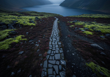 Stone path traversing a rugged, moss covered landscape with dark earth and scattered rocks, leading towards a calm mountain lake under an overcast sky.の素材