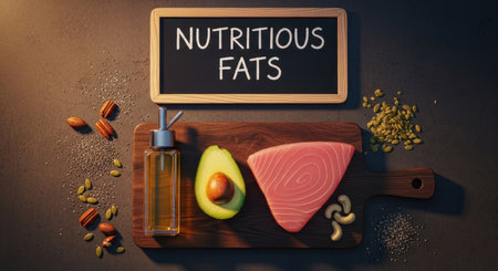 Healthy fats selection featuring tuna steak, avocado, olive oil, pecans, cashews, pumpkin seeds, and chia seeds on a wooden board, promoting balanced nutrition.の素材