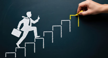 Businessman silhouette with a briefcase climbs chalk drawn stairs on a dark chalkboard, while a hand draws the final steps. symbolizes career progress, ambition, and achieving goals.の素材