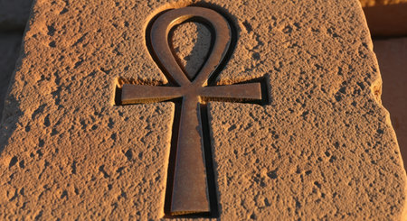 Ankh symbol carved into a textured sandstone slab, illuminated by warm sunlight. represents life, eternity, and ancient egyptian culture. historical artifact detail.の素材