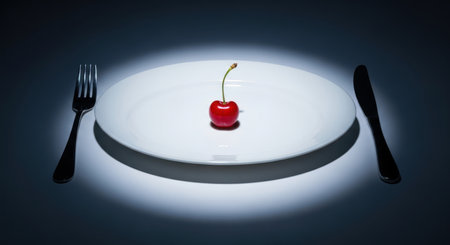 Vibrant red cherry with a green stem centered on a clean white plate, flanked by a fork and knife, dramatically lit by a spotlight. represents concepts of diet, healthy eating, and portion control.の素材