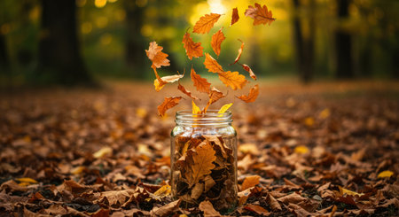 Golden autumn leaves swirl from a glass jar on a forest floor, surrounded by fallen foliage. represents seasonal change, nature cycle, and preservation of memories.の素材