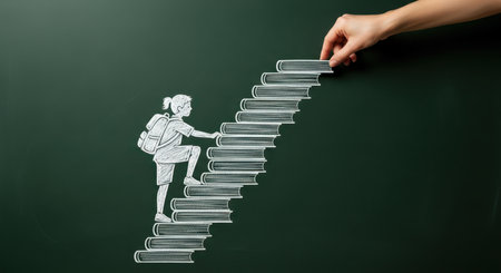 Chalk drawing on a dark green chalkboard showing a student climbing a staircase made of books. a hand is adding the next book, symbolizing educational progress and continuous learning.の素材