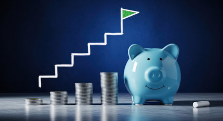 Blue ceramic piggy bank stands beside increasing stacks of silver coins, with a chalk drawn staircase leading to a green flag on a dark blue background. represents financial growth, saving, and investment goals.の素材