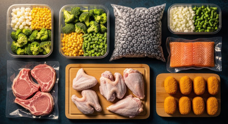 Various frozen food items including vegetables, fruits, raw meat, fish, and prepared meals, neatly arranged for convenient storage and meal preparation.の素材