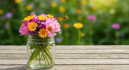 Vibrant bouquet of fresh pink roses, yellow and purple flowers in a glass jar on a rustic wooden table. a bee flies near the colorful blossoms in a sunny garden.の素材