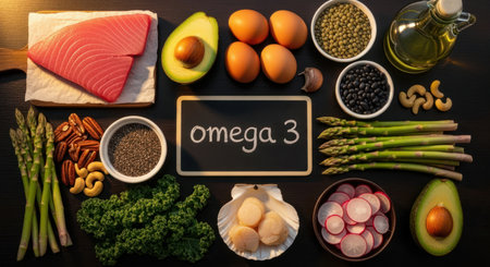Assortment of fresh omega 3 rich foods including tuna, avocado, eggs, nuts, seeds, and vegetables arranged on a dark surface, promoting healthy eating and nutrition.の素材