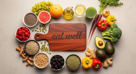 Colorful array of fresh fruits, vegetables, grains, seeds, and spices surrounding a wooden board with eat well inscription, promoting healthy eating and nutrition.の素材