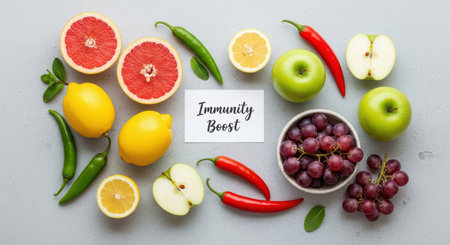 Fresh fruits and vegetables including grapefruit, lemon, apple, grapes, and chili peppers arranged with an immunity boost note, promoting healthy eating and wellness.の素材