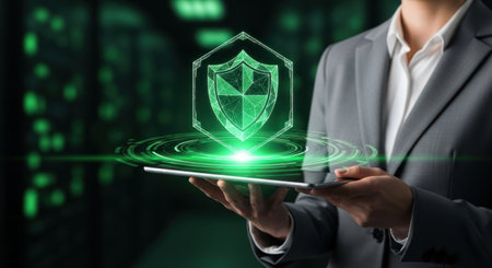 Businesswoman in a gray suit holds a tablet with a glowing green digital shield icon, representing cybersecurity and data protection in a digital environment.の素材
