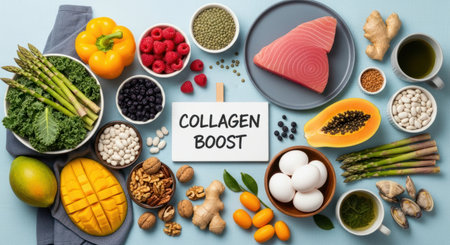 Top down view of various ingredients known to boost collagen production, such as tuna, eggs, fresh fruits, and green vegetables, promoting healthy skin and wellness.の素材