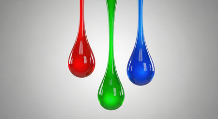 Three vibrant, reflective droplets in primary colors red, green, and blue, appearing like viscous paint or ink, suspended against a smooth gradient background. represents color, art, liquid, science, and technology.の素材