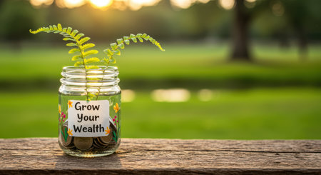 Glass jar filled with coins and a young plant, labeled grow your wealth, sitting on a rustic wooden surface against a blurred green nature background. symbolizes financial growth, investment, and savings.の素材