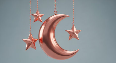 Rose gold crescent moon and three five pointed stars hanging from chains against a light blue background. represents celestial, night, and celebration.の素材