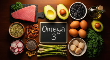 Assortment of omega 3 rich foods including tuna, avocado, eggs, nuts, and vegetables, arranged in a flat lay for healthy eating and balanced nutrition.の素材