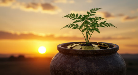 Young green plant emerging from a ceramic pot filled with shiny gold coins, set against a vibrant orange sunset sky. symbolizes financial growth, investment, and prosperity.の素材