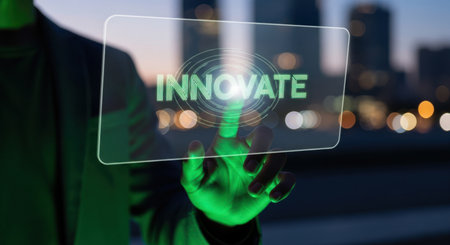 Hand interacting with a transparent digital screen displaying INNOVATE text, symbolizing future technology, creative ideas, and business solutions in an urban night setting.の素材