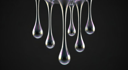 Elongated, glossy, iridescent metallic liquid droplets slowly dripping, creating a visually appealing abstract pattern. reflective surface with a rainbow sheen.の素材