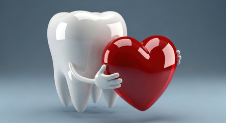 Pristine white anthropomorphic tooth character with arms embracing a glossy red heart. symbolizes dental care, oral health, and the vital connection to overall well being.の素材