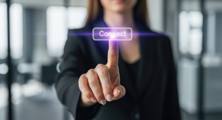 Woman index finger reaching to press a glowing purple holographic connect button. represents digital connection, networking, and futuristic technology in a professional setting.の素材