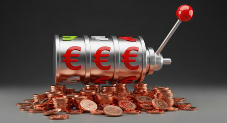 Slot machine mechanism with three reels showing red euro symbols, surrounded by a large pile of shiny copper coins. represents financial gain and casino games.の素材