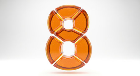 Vibrant amber translucent number 8, composed of multiple interlocking geometric shards, floating on a clean white surface. modern design, abstract concept, and glossy texture.の素材