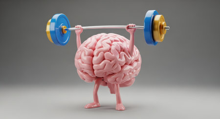 Pink human brain character with arms and legs lifting a barbell, representing mental power, intelligence, learning, and cognitive development. concept of brain exercise and health.の素材