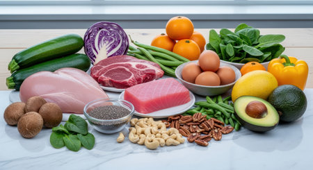 A vibrant collection of fresh raw ingredients including chicken, tuna, red meat, zucchini, cabbage, spinach, eggs, avocado, and various nuts, arranged for healthy meal preparation.の素材