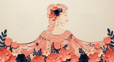 Layered paper art of a woman with a serene expression, braided hair, and a dress flowing into a vibrant floral landscape. handcrafted design in coral and blue.の素材