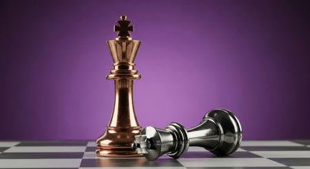A majestic bronze chess king stands victorious next to a fallen dark chrome king on a checkered chessboard. represents strategy, competition, success, and defeat in a game.の素材