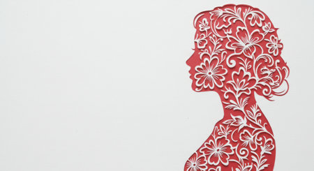 Red paper cut silhouette of a woman profile adorned with delicate white floral patterns. elegant design for femininity, beauty, nature, and women themes. ample white copy space.の素材