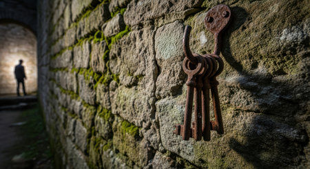 Cluster of ancient rusted keys hanging from a hook on a textured stone wall covered in moss. a blurred silhouette of a man stands in a bright archway in the background, evoking mystery and exploration.の素材